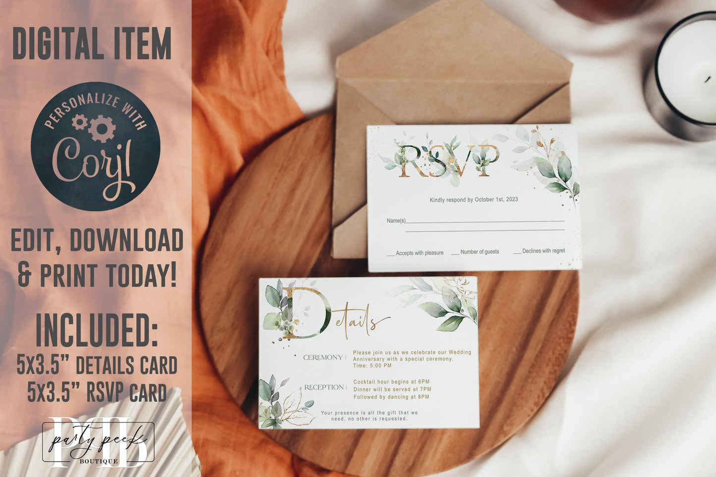 Editable 50th Wedding Anniversary Invitation Bundle, Greenery Gold Template Set, RSVP, Seating Chart, Menu, Signs, Place Cards, Corjl