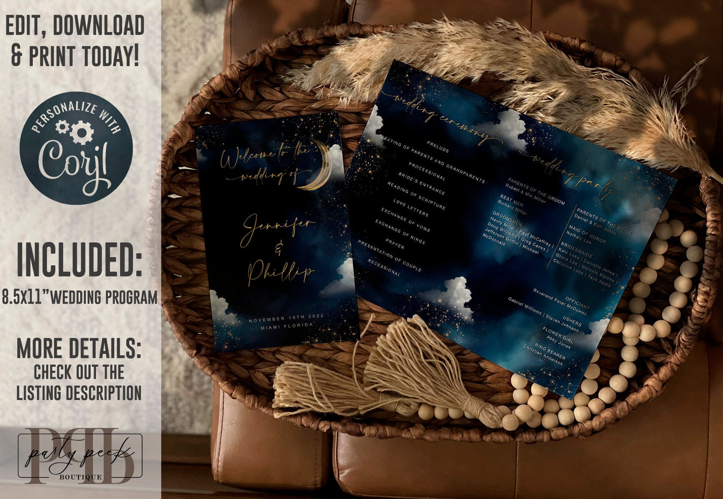 Celestial Wedding Invitation Bundle Template, Moon Galaxy Starry Night Rustic Wedding Suite, Editable Digital Download