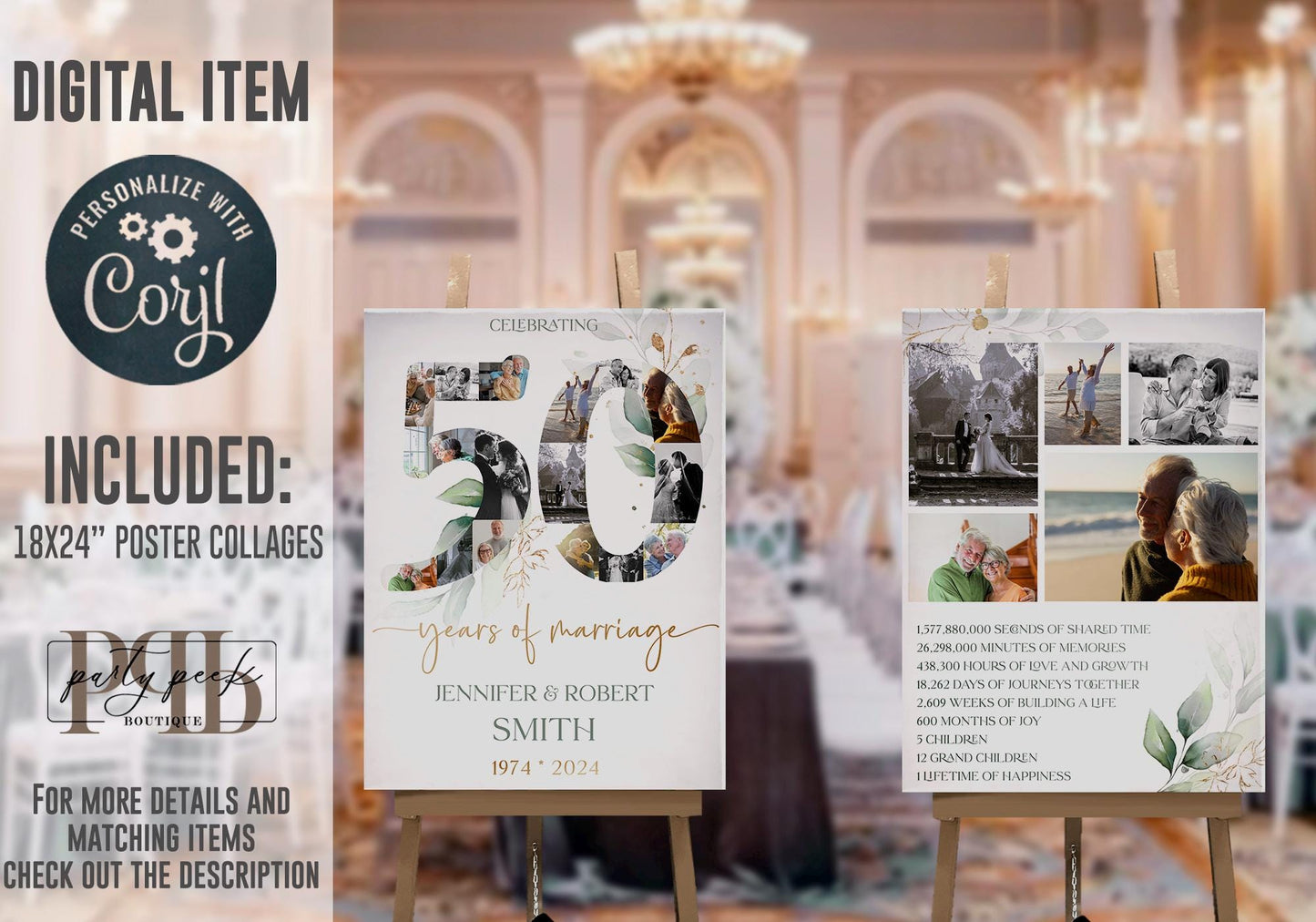 50th Anniversary Photo Collage Poster, Wedding Anniversary Sign with Photos, Editable Greenery Gold Eucalyptus Template, Digital Download