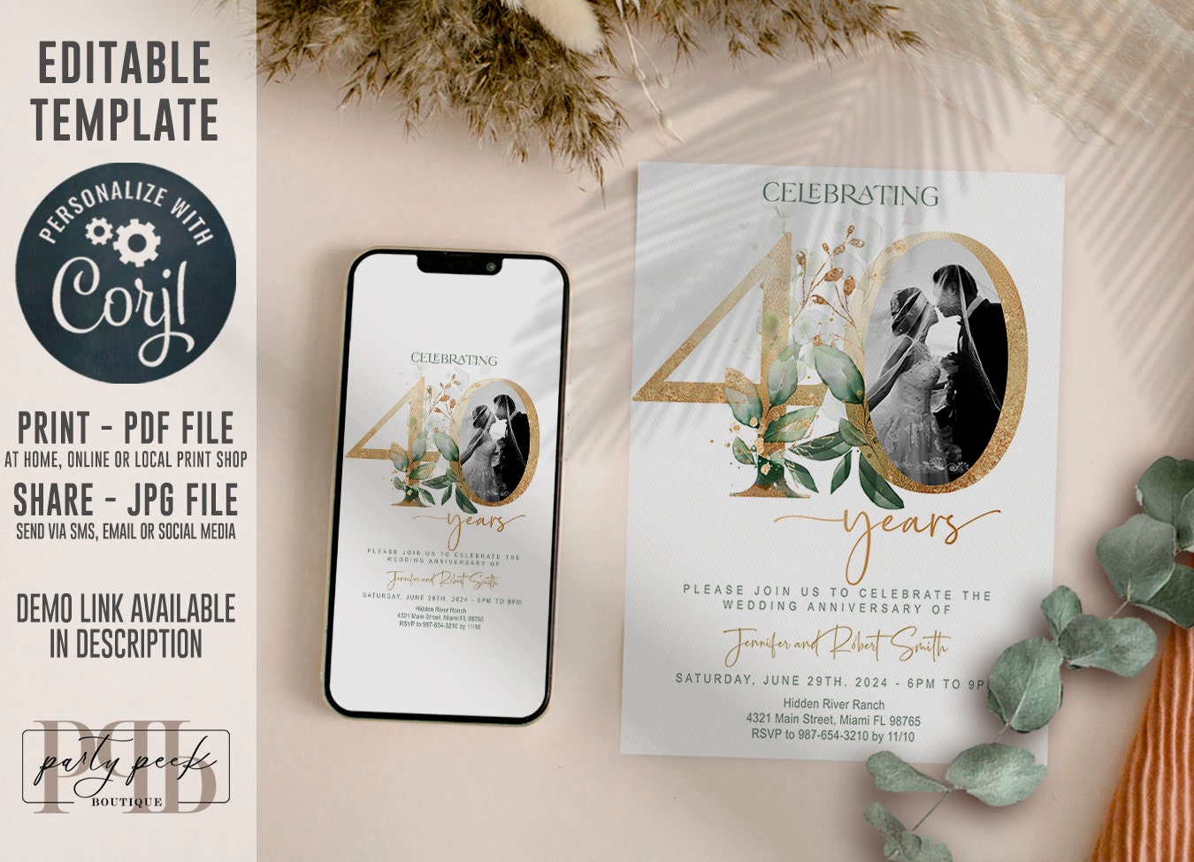 40th Wedding Anniversary Invitation Template with Photo | Greenery & Gold Eucalyptus Design | Editable Online, Digita