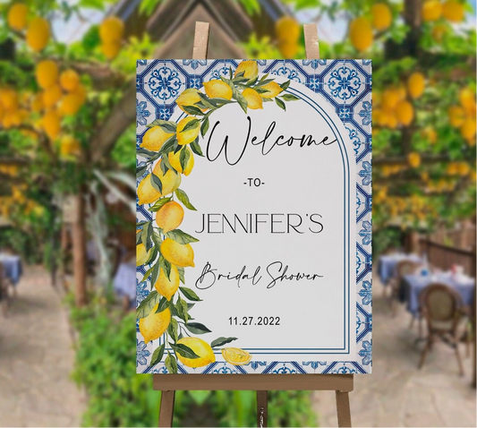 Mediterranean Bridal Shower Welcome Sign | Positano Blue Tile Lemon Arch | Amalfi Coast Coastal Decor | Digital Download | Editable