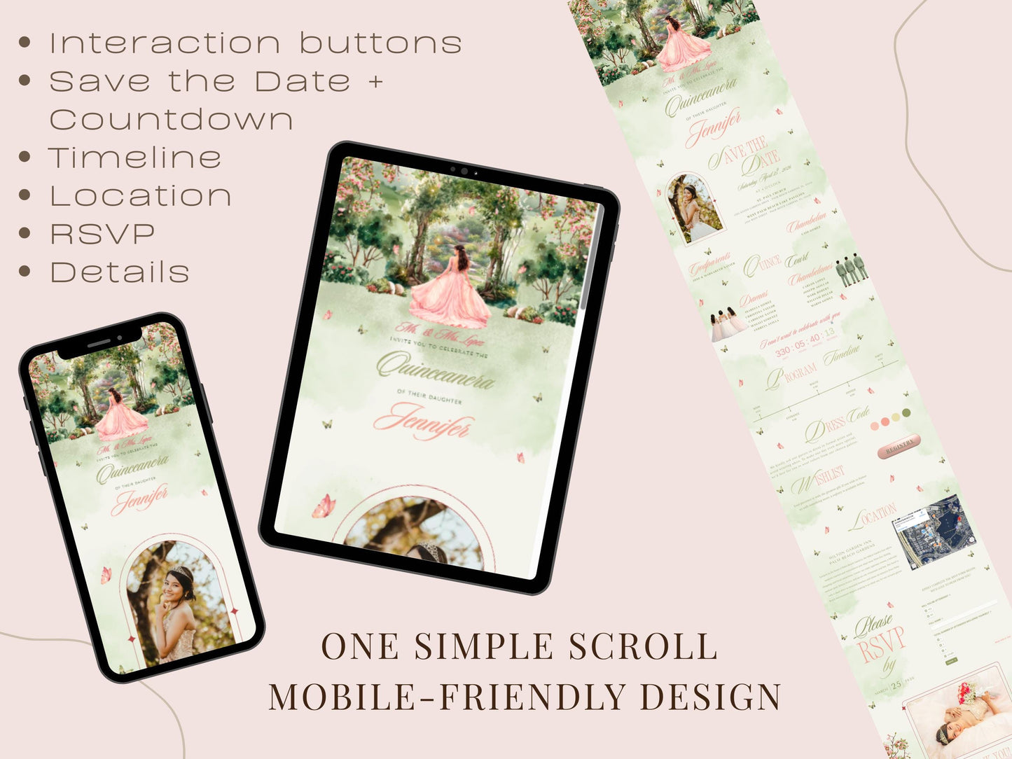 Enchanted Forest Quinceañera Website Template | RSVP Site with Countdown & Map | Editable Canva Online Invitation