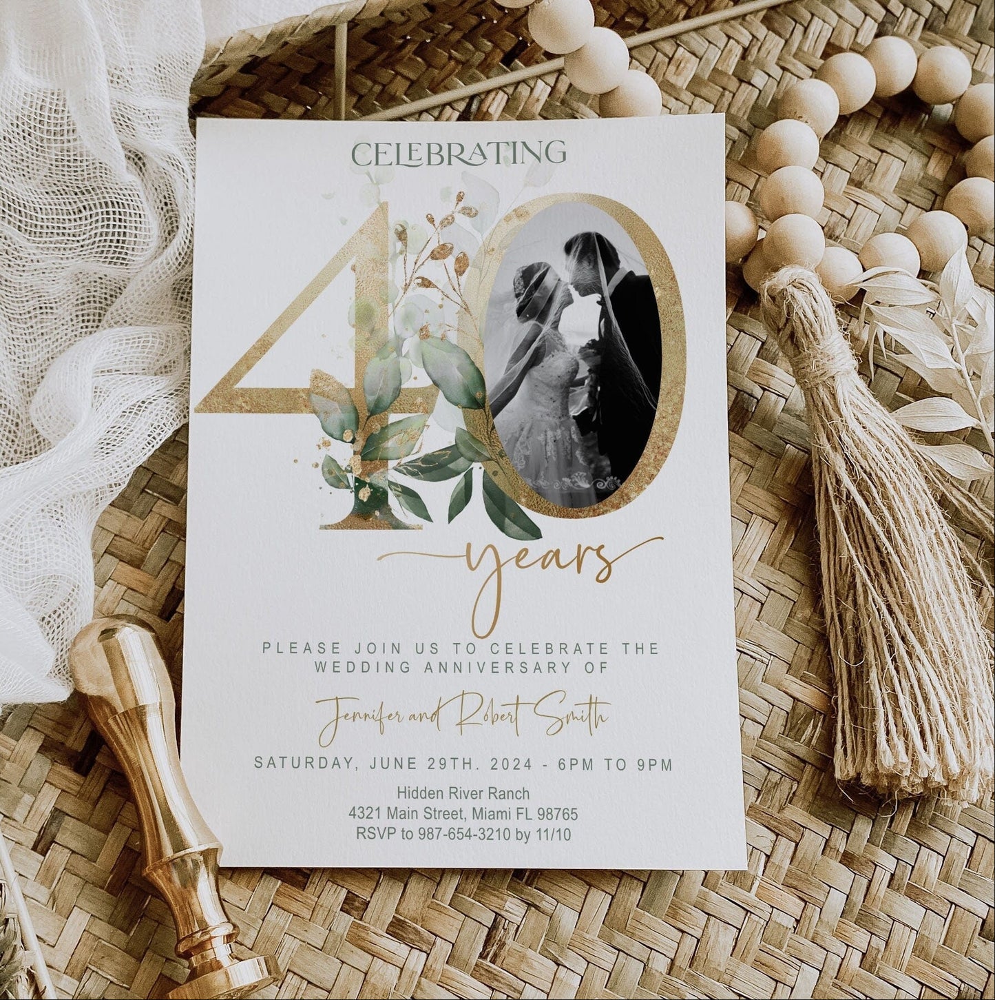 40th Wedding Anniversary Invitation Template with Photo | Greenery & Gold Eucalyptus Design | Editable Online, Digita