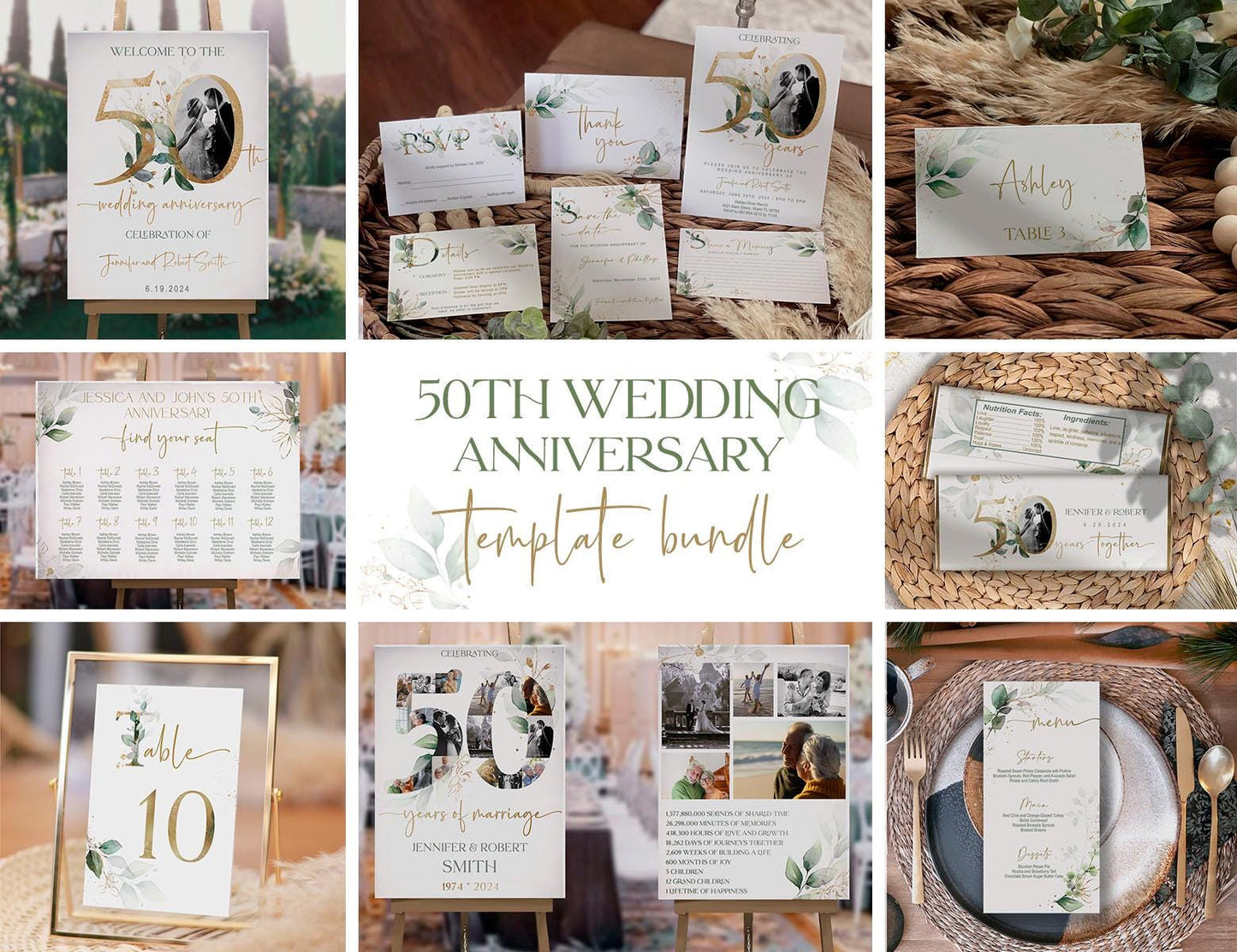 Editable 50th Wedding Anniversary Invitation Bundle, Greenery Gold Template Set, RSVP, Seating Chart, Menu, Signs, Place Cards, Corjl