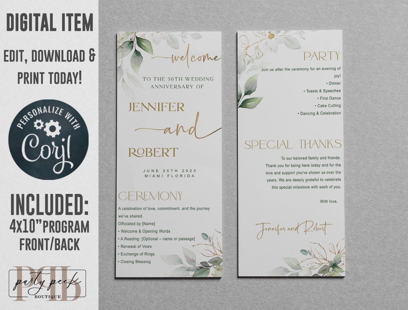Wedding Anniversary Program Template (Front & Back) | Greenery Gold Eucalyptus Design | Editable Online
