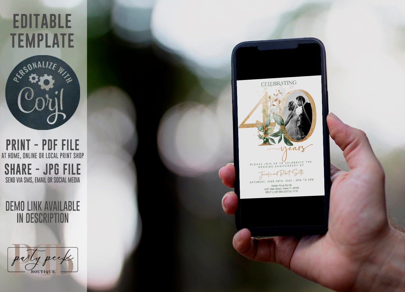 40th Wedding Anniversary Invitation Template with Photo | Greenery & Gold Eucalyptus Design | Editable Online, Digita
