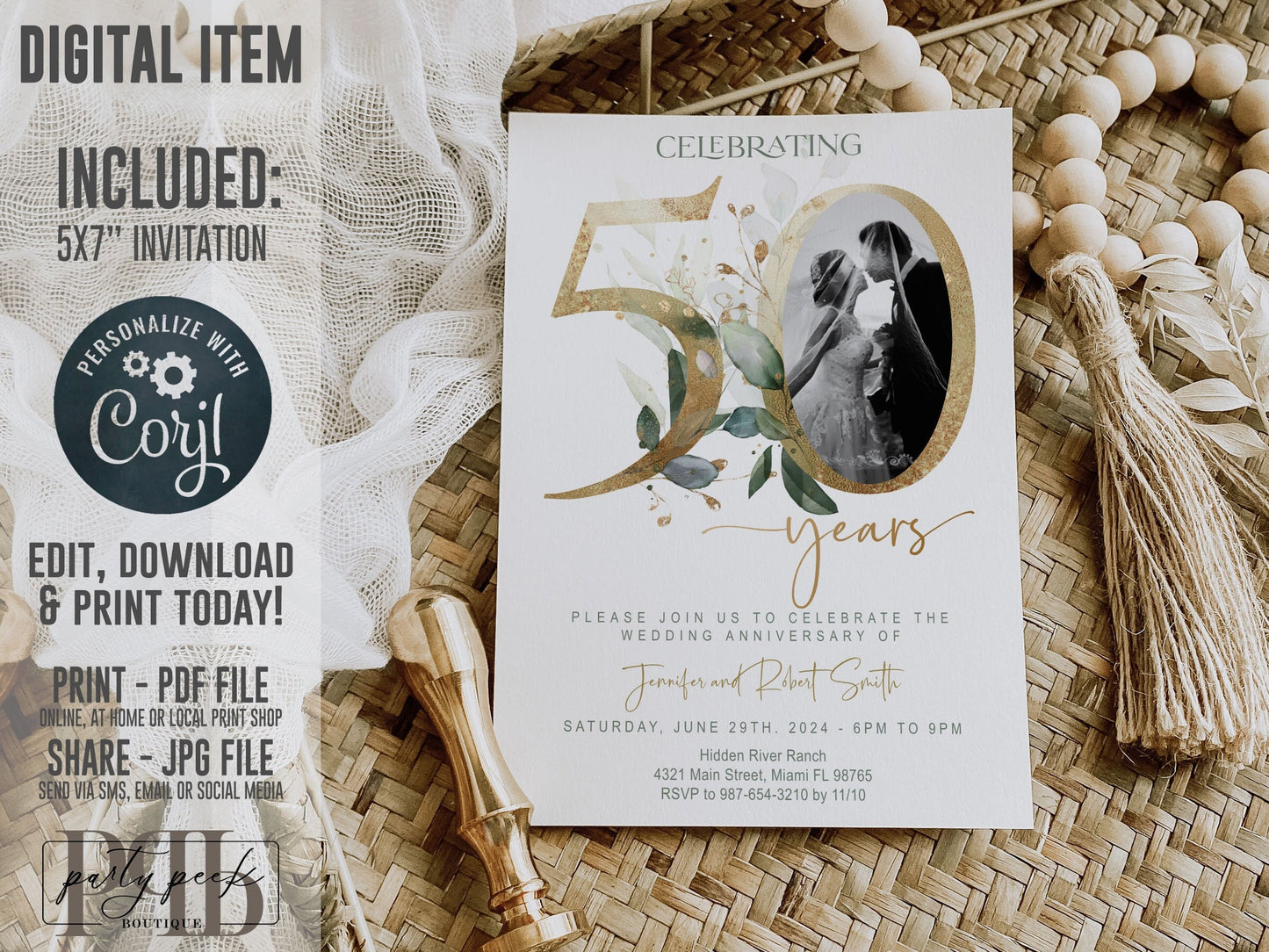Editable 50th Wedding Anniversary Invitation Bundle, Greenery Gold Template Set, RSVP, Seating Chart, Menu, Signs, Place Cards, Corjl