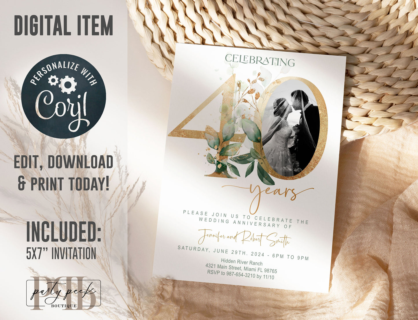 40th Wedding Anniversary Invitation Template with Photo | Greenery & Gold Eucalyptus Design | Editable Online, Digita