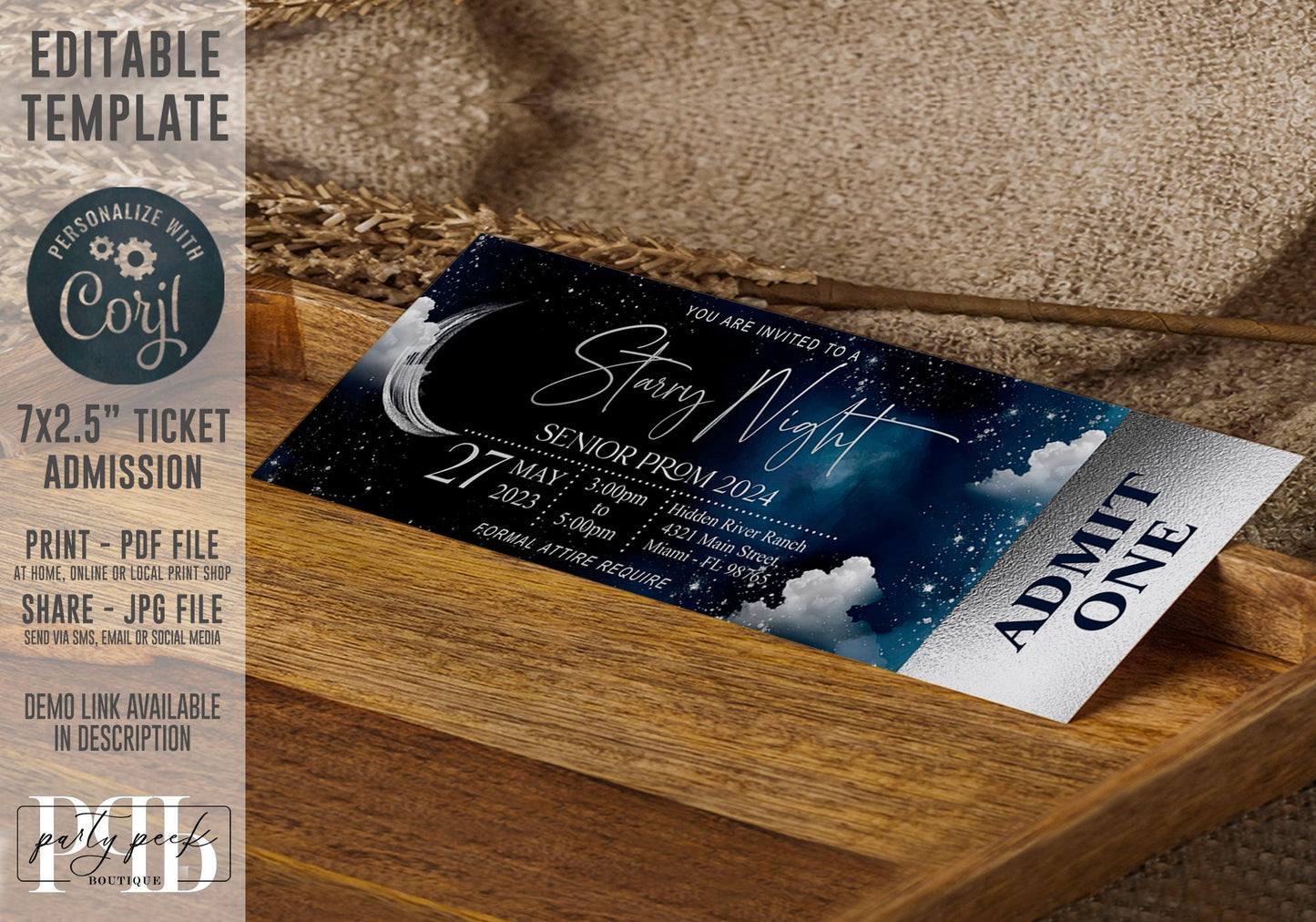 Celestial Ticket Template | Moon & Galaxy Starry Night Admission Ticket | Watercolor Design | Editable