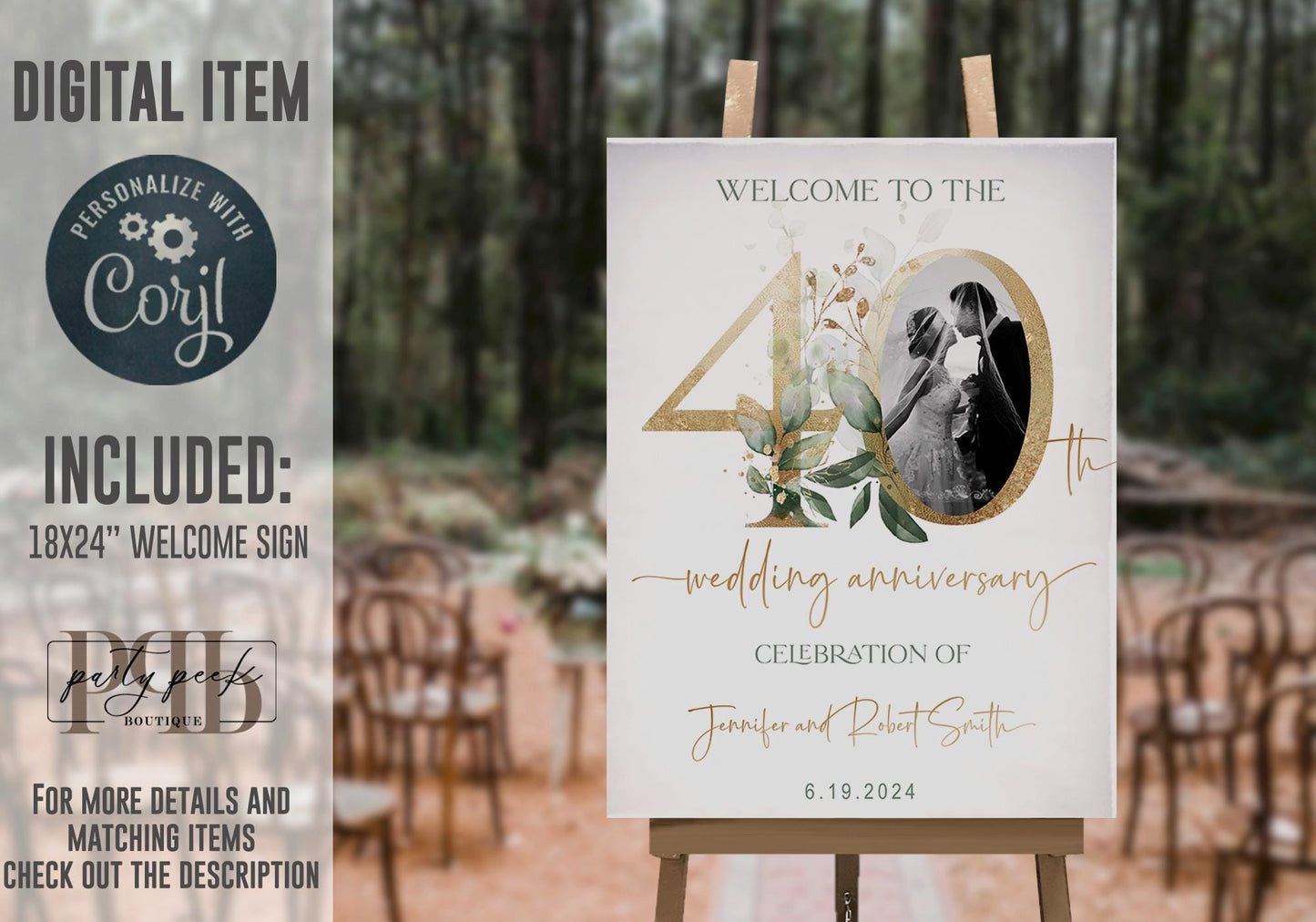 40th Anniversary Welcome Sign, Wedding Anniversary Decor Template, Editable Greenery Gold Eucalyptus Sign, Digital Download