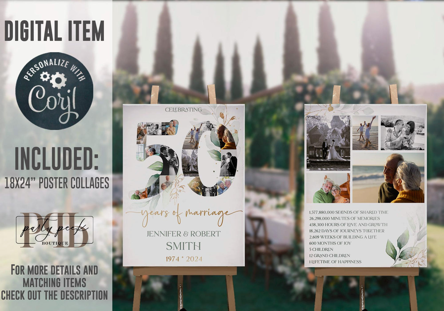 50th Anniversary Photo Collage Poster, Wedding Anniversary Sign with Photos, Editable Greenery Gold Eucalyptus Template, Digital Download