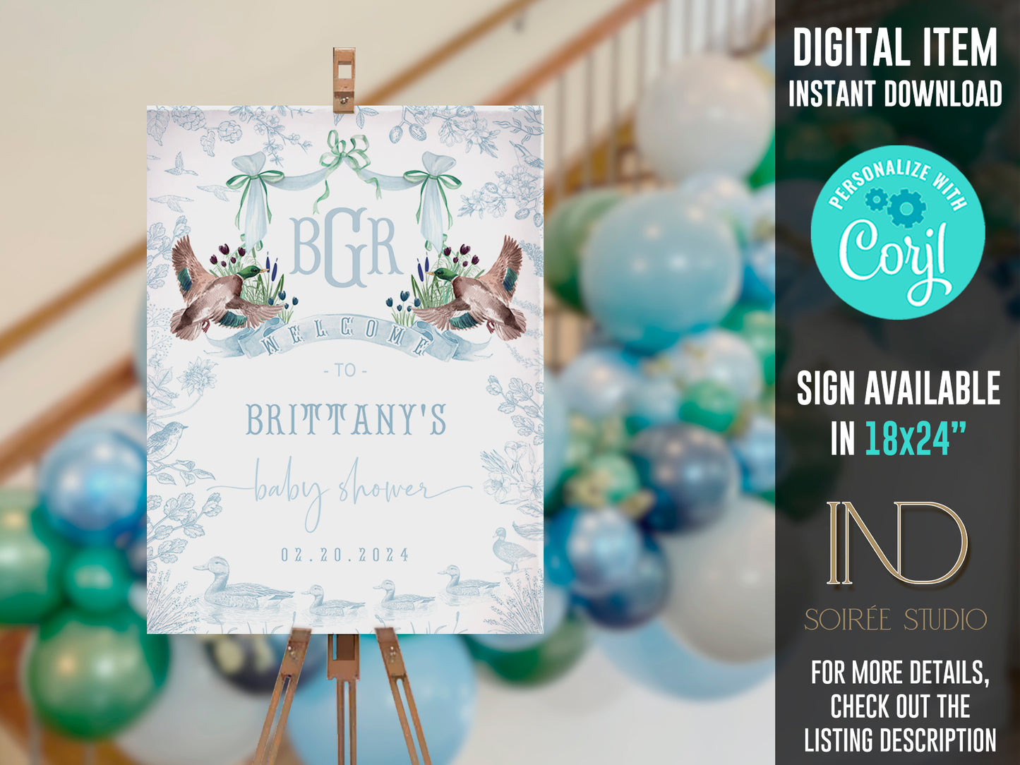 Mallard Duck Baby Shower Invitation Set | Light Blue Toile Woodland Gender Neutral Duckling Printable Template