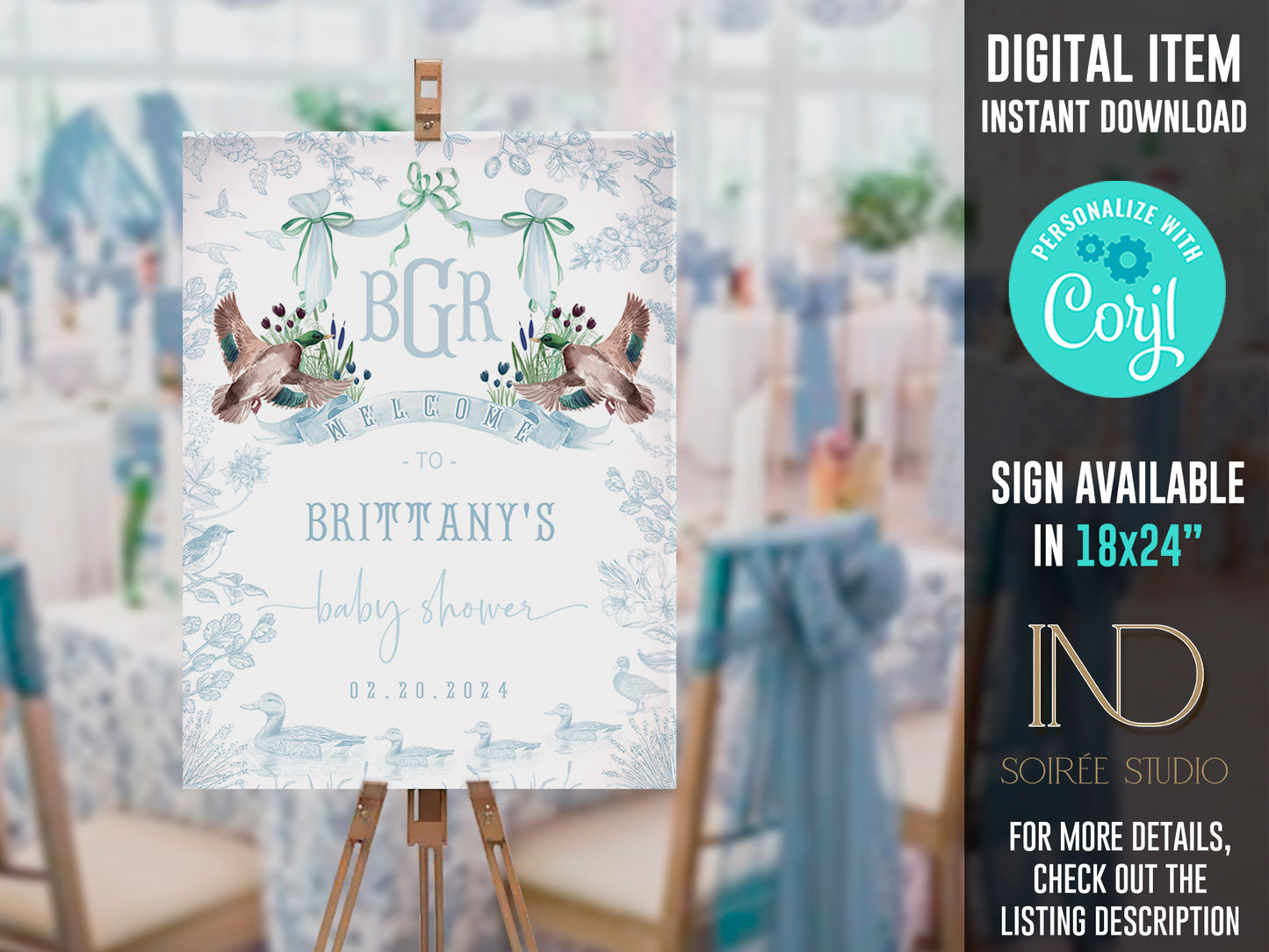 Mallard Duck Baby Shower Invitation Set | Light Blue Toile Woodland Gender Neutral Duckling Printable Template