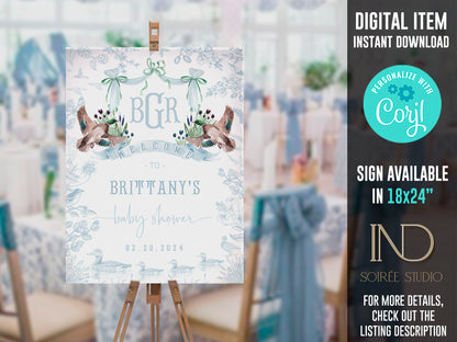 Mallard Duck Baby Shower Invitation Set | Light Blue Toile Woodland Gender Neutral Duckling Printable Template