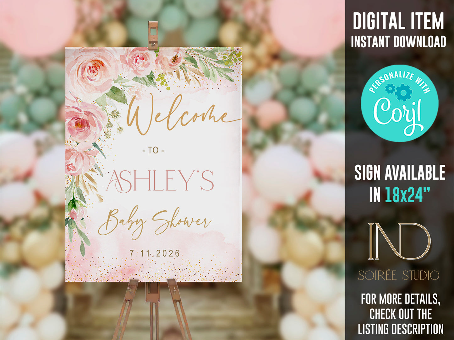Blush Pink Baby Shower Invitation Girl | Pink Floral Sweet Baby Girl | Gold Pink Watercolor | Printable Digital Template | Instant Download