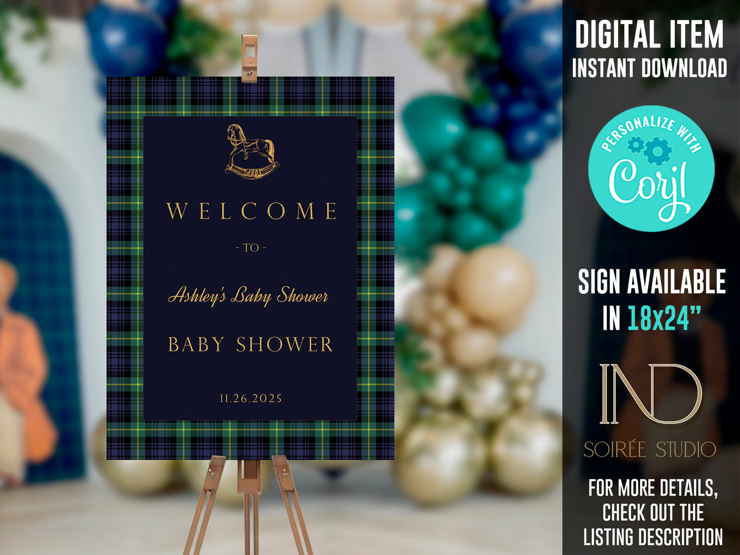 Tartan Plaid Baby Shower Invitation & Bundle | Equestrian Rocking Horse | Navy Green Preppy Winter Baby Sprinkle | Full Set Digital Download