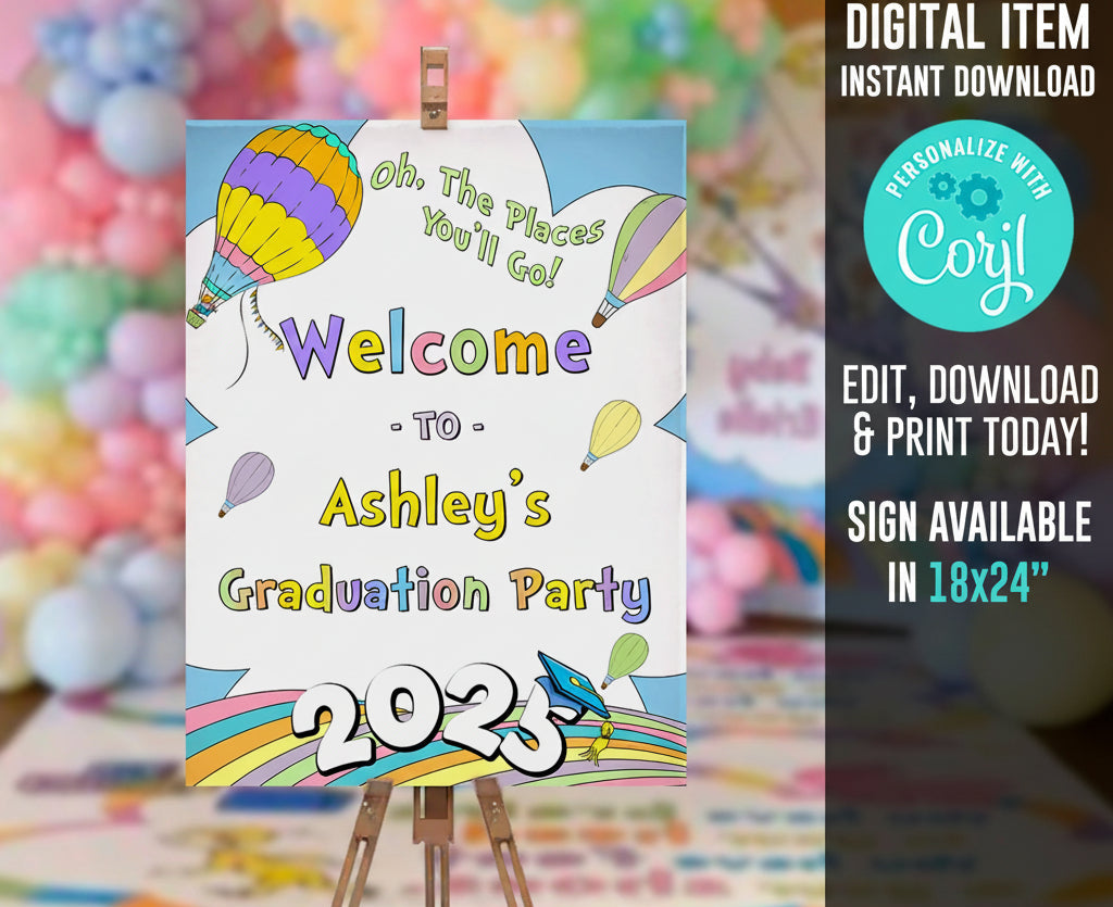 2026 Graduation Welcome Sign, rainbow, hot air balloon, Digital, adventure awaits, Rainbow, Editable with Corjl, Printable