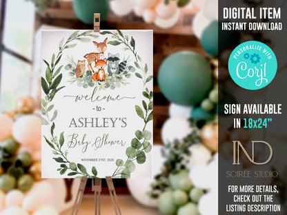Woodland Baby Shower Invitation & Party Bundle | Editable Corjl Template | Instant Download
