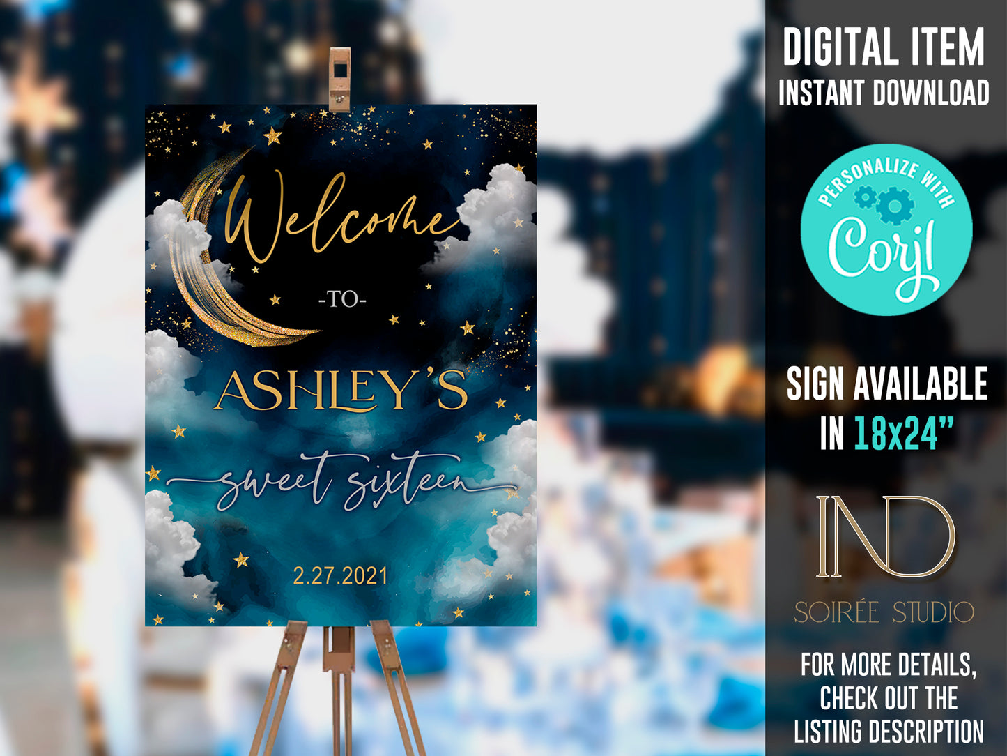 Sweet 16 Invitation & Party Bundle | A Night Under the Stars Theme | Editable Corjl Template | Printable Digital Download